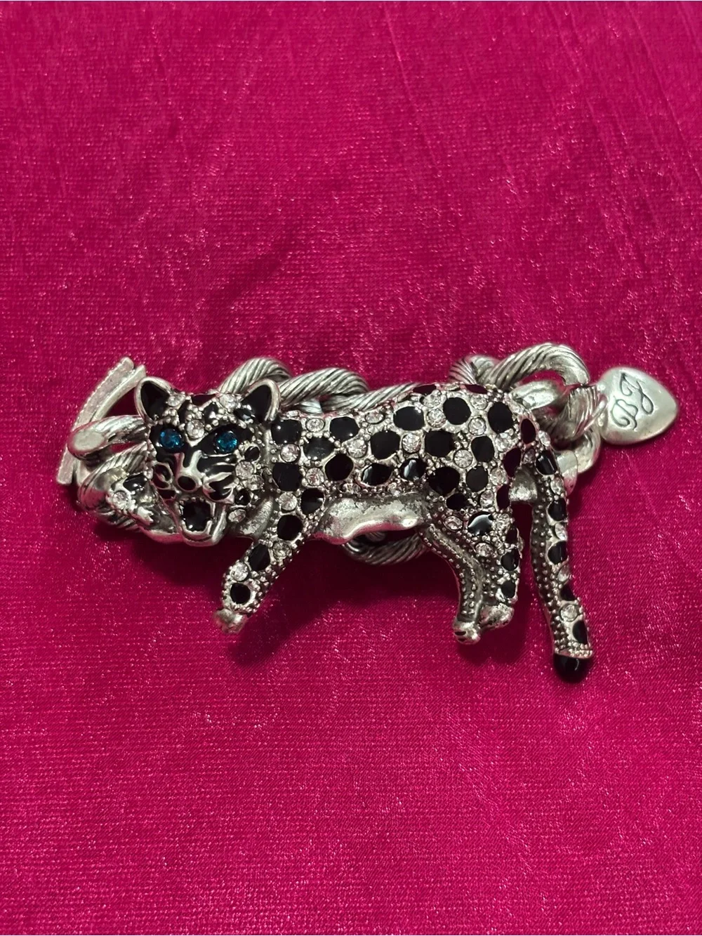 Betsey Johnson Silver tone crystal pave leopard chain bracelet.